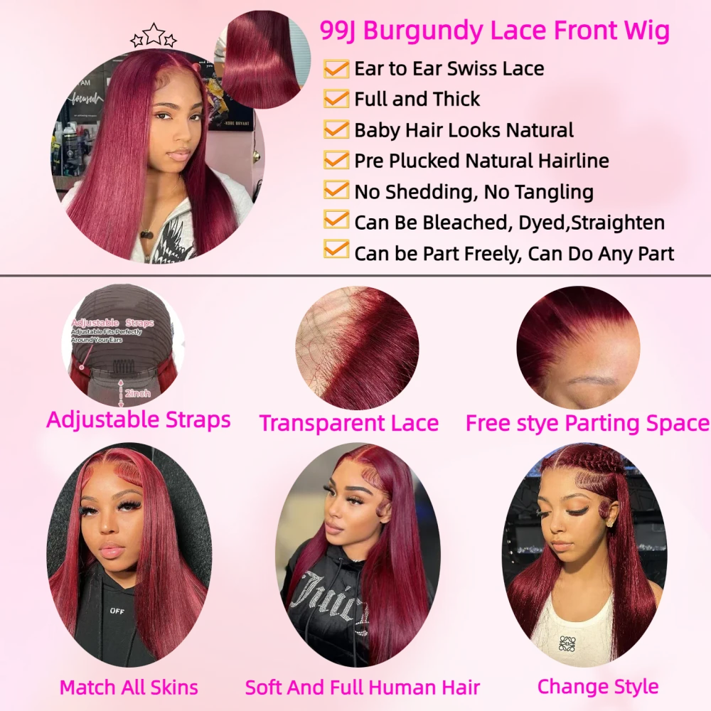 Burgundy Straight Human Hair Lace Wig